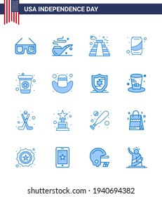 Blue Pack of 16 USA Independence Day Symbols of soda; beverage; building; cola; can Editable USA Day Vector Design Elements