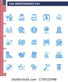 Blue Pack of 25 USA Independence Day Symbols of church bell; bell; party; alert; hat Editable USA Day Vector Design Elements