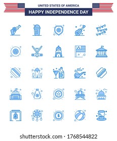 Paquete Azul de 25 Símbolos del Día de la Independencia de Estados Unidos de decoración de partido; americano; escudo; ee.uu. guitarrista Editable USA Day Vector Design Elements