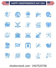 Blue Pack of 25 USA Independence Day Symbols of helmet; american; location; weapon; security Editable USA Day Vector Design Elements