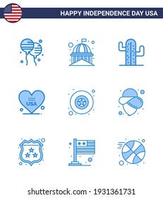 Paquete Azul de 9 Símbolos de distintivo del Día de la Independencia de Estados Unidos; americano; blanco; amor; elementos de diseño de vectores de USA Day editable estadounidense