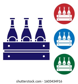 Blue Pack of beer bottles icon isolated on white background. Wooden box and beer bottles. Case crate beer box sign. Set color icons in circle buttons. Vector Illustration