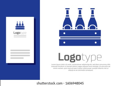 Blue Pack of beer bottles icon isolated on white background. Wooden box and beer bottles. Case crate beer box sign. Logo design template element. Vector Illustration