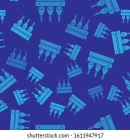 Blue Pack of beer bottles icon isolated seamless pattern on blue background. Wooden box and beer bottles. Case crate beer box sign.  Vector Illustration