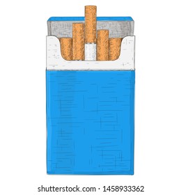 Blue pack of cigarettes. Hand drawn sketch. Vector illustration isolated on white background