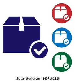 Blue Package box with check mark icon isolated on white background. Parcel box with checkmark. Approved delivery or successful package receipt. Set color icons in circle buttons. Vector Illustration