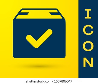 Blue Package box with check mark icon isolated on yellow background. Parcel box with checkmark. Approved delivery or successful package receipt.  Vector Illustration