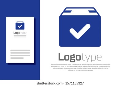 Blue Package box with check mark icon isolated on white background. Parcel box with checkmark. Approved delivery or successful package receipt. Logo design template element. Vector Illustration