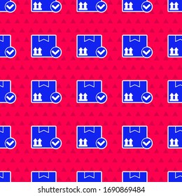 Blue Package box with check mark icon isolated seamless pattern on red background. Parcel box. Approved delivery or successful package receipt.  Vector Illustration