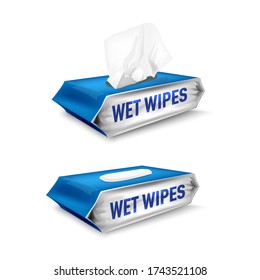blue package with disposable wet napkins. Vector wet wipes open and close