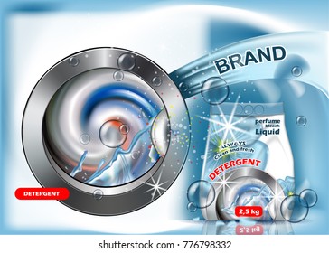 Blue package washing powder advertising, on wash machine background. The template is of high quality.