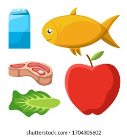 Blue packaged milk, yellow fish, red meat, red apples, green vegetables. Healthy food vector bundle.