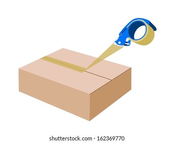 A Blue Packing Tape Dispenser or Adhesive Tape Dispenser Closing A Brown Cardboard Box Isolated on White Background. 