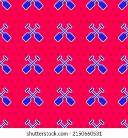 Blue Paddle Icon Isolated Seamless Pattern On Red Background. Paddle Boat Oars.  Vector