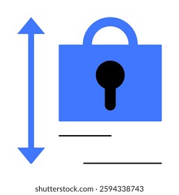 A blue padlock accompanied by a vertical arrow and horizontal lines. Ideal for concepts of security, encryption, privacy, data protection, and confidentiality. Simple modern style