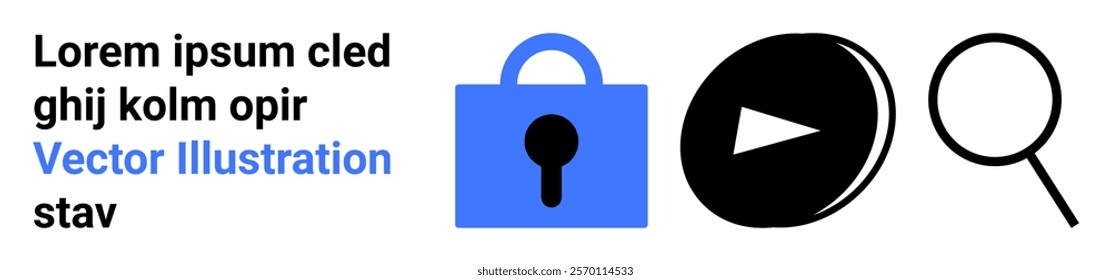 Blue padlock, black play button, and magnifying glass image. Ideal for security, multimedia access, online protection, content search, and web design themes. Banner for landing page