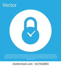 Blue Padlock with clock icon isolated on blue background. Time control concept. Lock and countdown, deadline, schedule, planning symbol. White circle button. Vector Illustration