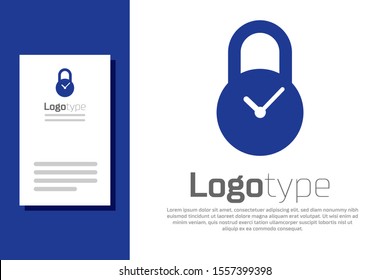 Blue Padlock with clock icon isolated on white background. Time control concept. Lock and countdown, deadline, schedule, planning symbol. Logo design template element. Vector Illustration