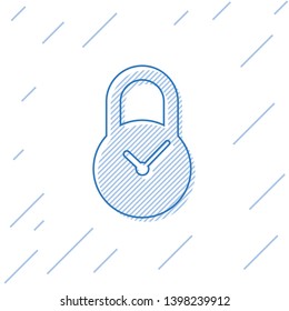 Blue Padlock with clock line icon isolated on white background. Time control concept. Lock and countdown, deadline, schedule, planning symbol. Vector Illustration