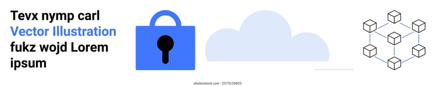 Blue padlock, cloud, and blockchain network. Ideal for data security, digital privacy, blockchain technology, cloud storage, and cyber protection. Banner for landing page