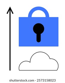 Blue padlock and cloud with upward arrow. Ideal for cybersecurity, data protection, cloud storage, online privacy, and internet safety. Minimalist vector style portrays modern tech themes