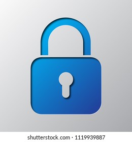 Blue padlock from cut paper with shadow. Vector illustration. Abstract padlock cut from paper