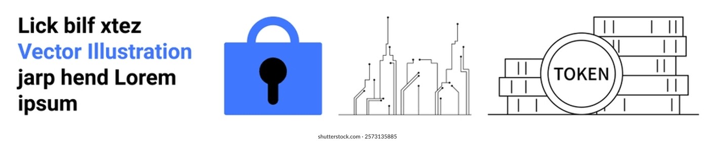 Blue padlock, digital cityscape and crypto token stacks on white background. Ideal for cybersecurity, technology, blockchain, finance and digital infrastructure. Banner for landing page