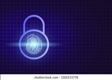Blue padlock with a fingerprint inside on a dark blue background with copy space. Concept, blockchain symbol, internet security, privacy, identity, security of personal data