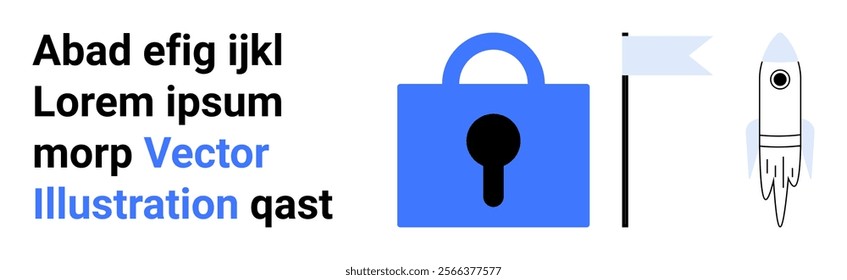 Blue padlock, flag, and rocket on white background with text. Ideal for cybersecurity, technology, space exploration, innovation, and digital safety themes. Landing page