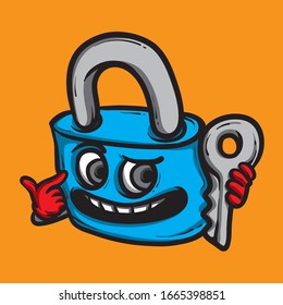 Blue padlock holding key. Security object vector illustration. Safe and protect drawing concept