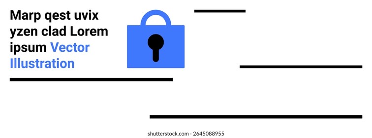 Blue padlock icon centered among black, minimalist lines and placeholder text. Ideal for cybersecurity, privacy, data protection, website security, modern design, IT services, digital privacy. Banner