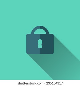 Blue padlock icon. Flat design. Turquoise background