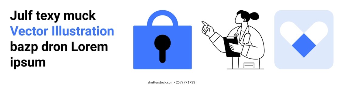 Blue padlock icon, healthcare professional with clipboard, and heart-shaped symbol. Ideal for data protection, online security, healthcare services, medical records, and health monitoring. Banner