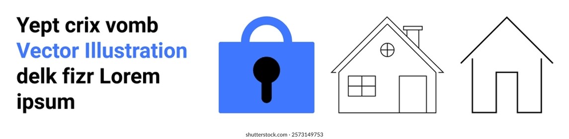 Blue padlock icon and two house outlines with text. Ideal for home security, property protection, real estate, online privacy, and cybersecurity. Banner for landing page