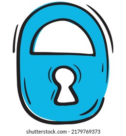 blue padlock lock access prohibition, security icon, vector isolated element in doodle style, white background, colored business doodles, black outline