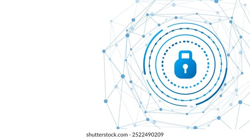 Blue padlock with network connection background. Technology banner. Business wallpaper. Cybersecurity backdrop. Minimalist. Copy space