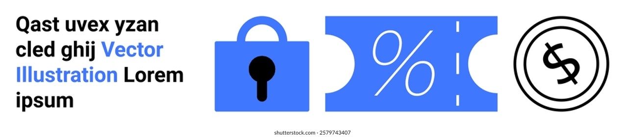 Blue padlock and percentage discount ticket evoke themes of security, savings, finance, money, and ecommerce. Ideal for digital security, marketing, online shopping, finance, and promotions. Banner