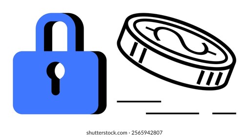 Blue padlock positioned alongside a coin, symbolizing financial security. Ideal for financial security, digital security, cryptocurrency protection, economic safety, and online transactions. Simple