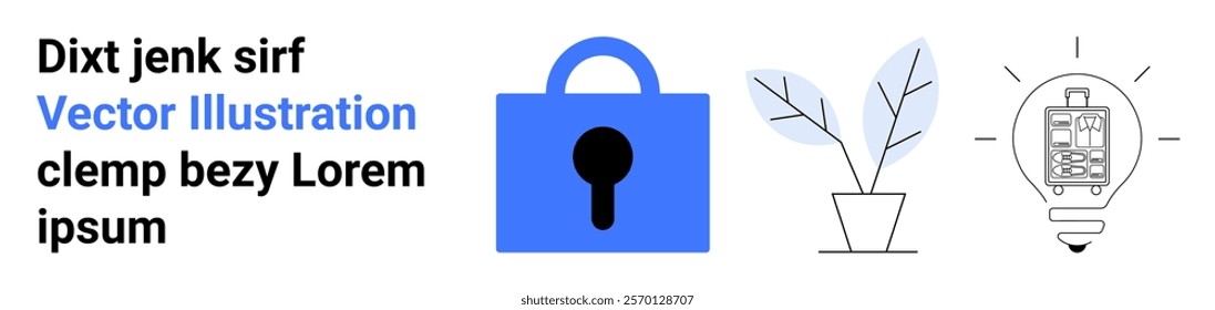 A blue padlock, a potted plant, and a lit lightbulb with a digital interface inside. Ideal for technology, security, innovation, web design, and creative concepts. Banner for landing page