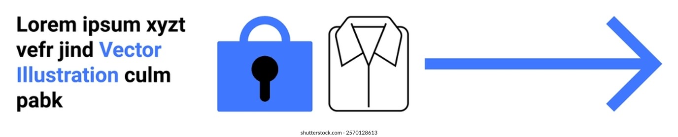 Blue padlock represents security next to a minimalistic shirt with a large arrow pointing right into the future. Ideal for cybersecurity, apparel industry, secure transactions, data privacy