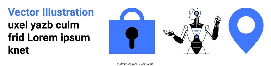 Blue padlock, robot, and location pin symbolizing security, technology, robotics, and location tracking. Ideal for cybersecurity, AI automation, GPS navigation, tech advancements, and online safety