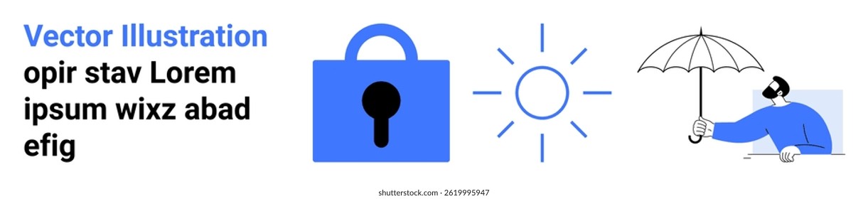 Blue padlock, sun symbol, and person holding umbrella representing themes of security, protection, climate, and privacy. Ideal for tech security, weather, insurance, safety, data protection, climate