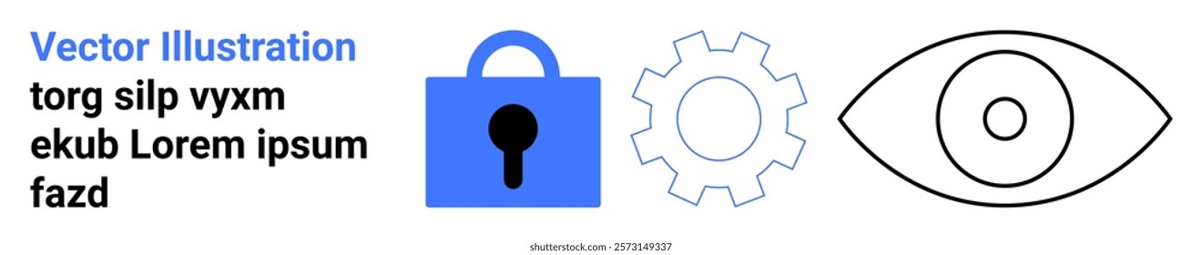 Blue padlock symbol for security white gear for settings and black outlined eye for visibility, Ideal for cybersecurity data protection privacy control system monitoring Banner for landing page