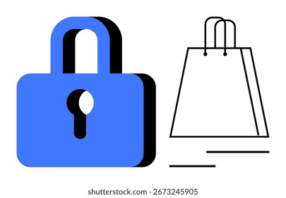 Candado azul que simboliza la seguridad y el contorno negro de la bolsa de compras. Ideal para comercio electrónico, compras en línea, ciberseguridad, transacciones seguras, privacidad en Internet, venta minorista y protección digital