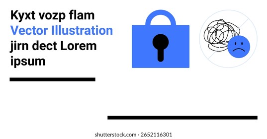 Blue padlock symbolizing security next to a sad face with tangled lines head. Placeholder text on left aligns with black lines. Ideal for cybersecurity, mental health, frustration, placeholder