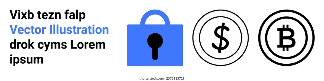 Blue padlock with symbols for dollar and bitcoin currencies Ideal for themes on security, digital currency financial transactions online safety and cryptocurrency investments Banner for landing page