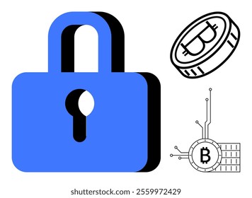 Blue padlock and two Bitcoin cryptocurrency symbols. Ideal for online security digital currency blockchain technology financial transactions and internet encryption. Modern minimalist style