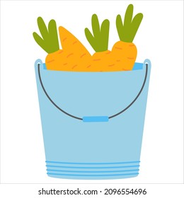 Blue pail of carrots icon in cartoon style isolatedon white bachground, farm or rural lifestile concept for children books