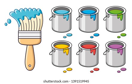 Blue paint brush and bucket can colors isolated