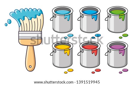 Blue paint brush and bucket can colors isolated
